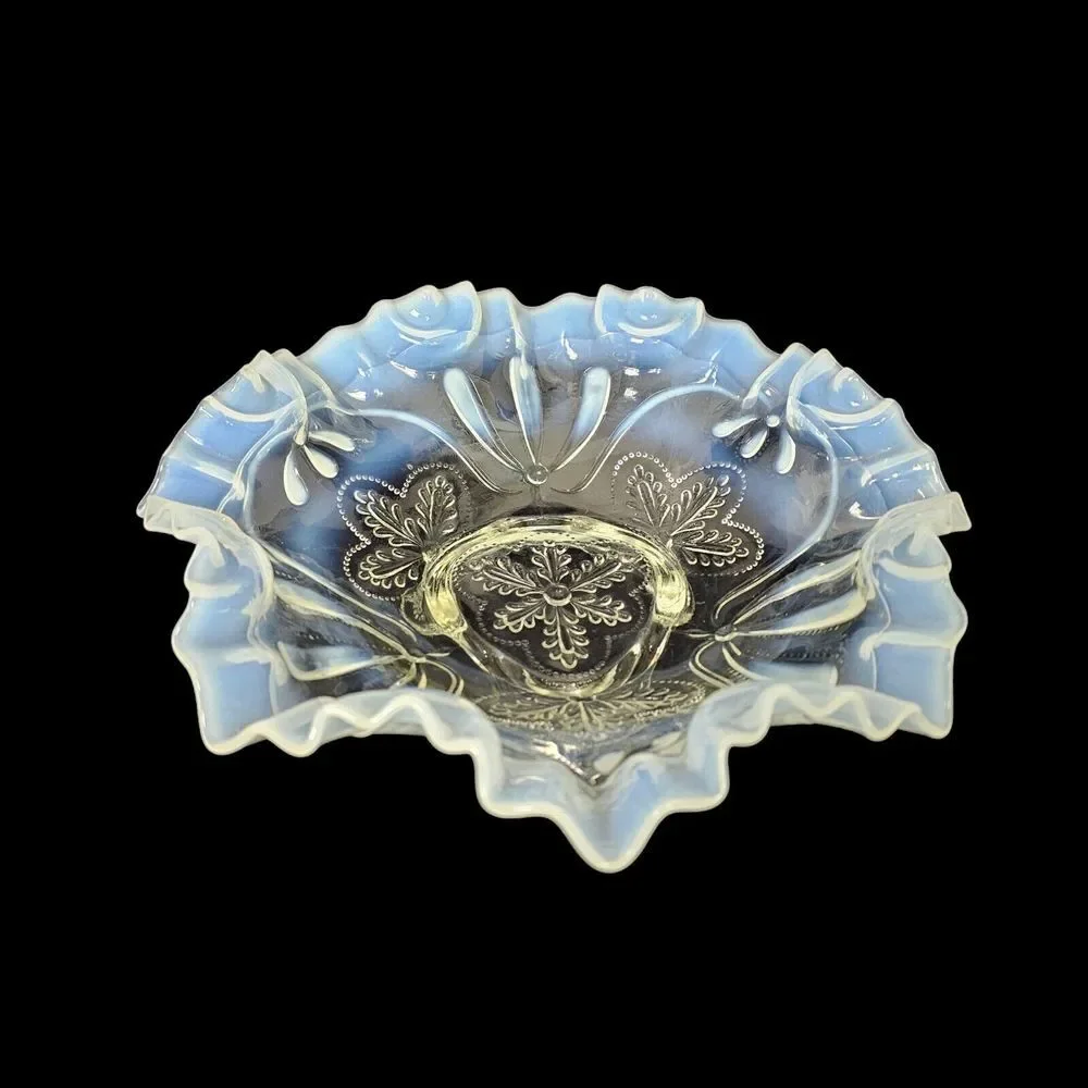 Northwood Meander Style White Opalescent Glass‎ Spatula Footed Bowl 2294B